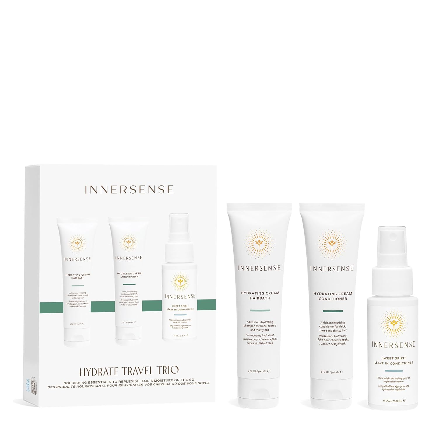 Innersense Organic Beauty - Hydrating Travel Hair Trio | Non-Toxic, Cruelty-Free, Clean Haircare (Hydrating Cream Hairbath + Conditioner, Sweet Spirit Leave-In Conditioner) PACKAGING MAY VARY