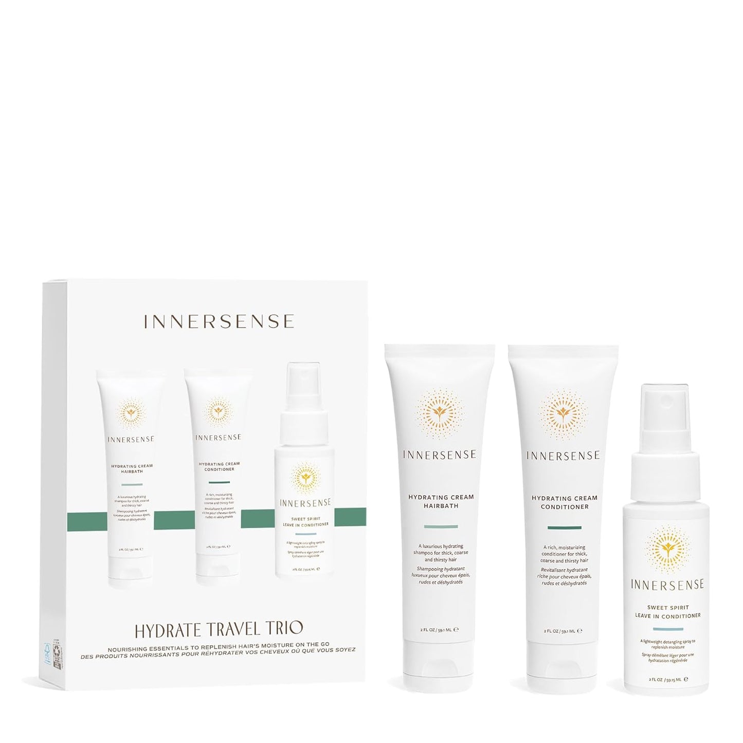 Innersense Organic Beauty - Hydrating Travel Hair Trio | Non-Toxic, Cruelty-Free, Clean Haircare (Hydrating Cream Hairbath + Conditioner, Sweet Spirit Leave-In Conditioner) PACKAGING MAY VARY